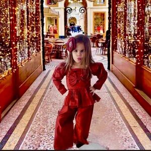 4T Christmas outfit Red matching pant set with Bow
